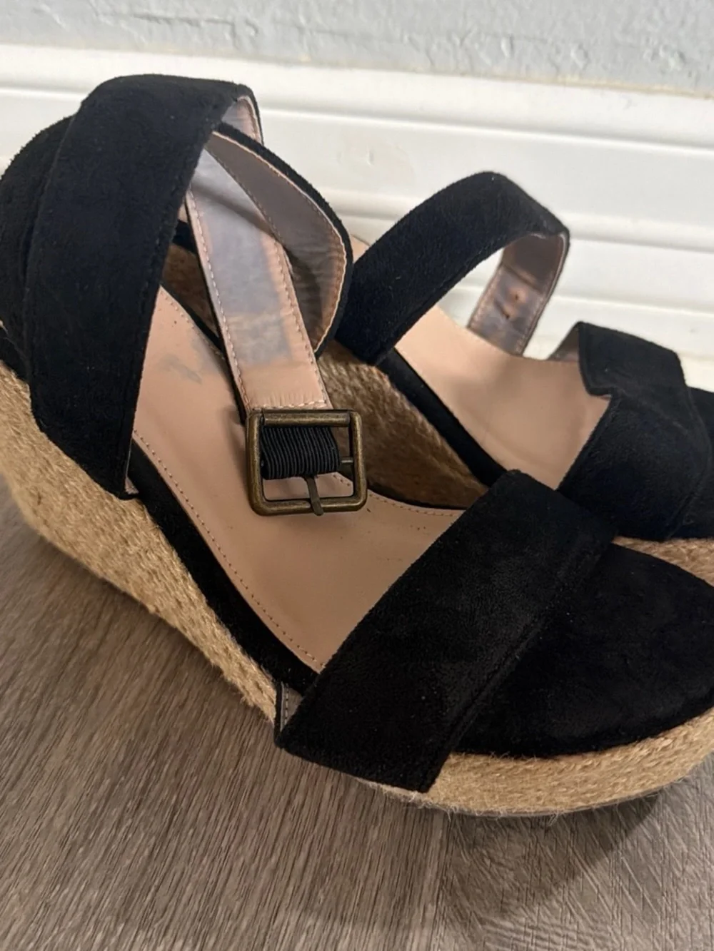Black Espadrille Wedge Sandals with Ankle Buckle - Women